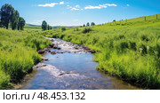 wildflowers stream running water ai generated. Стоковое AI-изображение, AI-художник Vectorwin / Фотобанк Лори