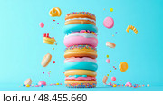 Sweet Temptation: Tower of Multicolored Doughnut with toppings, a confectionary delight. Стоковое AI-изображение, AI-художник Данила Большаков / Фотобанк Лори