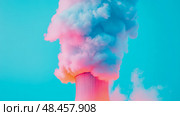 Abstract concept: Tower emitting smoke against a cyan backdrop. Стоковое AI-изображение, AI-художник Данила Большаков / Фотобанк Лори