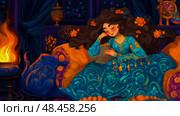 Serene Daydream: A woman lounges amidst flames, embracing a tranquil state of mind within ornately patterned space. Стоковое AI-изображение, AI-художник Данила Большаков / Фотобанк Лори
