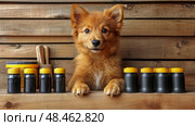 Golden Puppy Guarding the Honey Pot: A Sweet and Furry Scene. Стоковое AI-изображение, AI-художник Данила Большаков / Фотобанк Лори