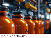 Orange gas tanks. Bundle of gas cylinder and high pressure gauges, meter, valve. Many argon cylinders with compressed oxygen for industry, welding. Fuel manufacturing. Liquefied gas production factory. Стоковое AI-изображение, AI-художник Марина Демидюк / Фотобанк Лори