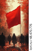 March to Unity: A Solidarity Parade with Crimson Flag Through the Autumn Forest. Стоковое AI-изображение, AI-художник Данила Большаков / Фотобанк Лори