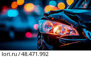 Aftermath: A wrecked vehicle's headlight illuminates the harsh reality of road safety and the fragility of life. Стоковое AI-изображение, AI-художник Данила Большаков / Фотобанк Лори