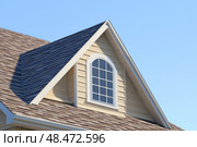 House Exterior. Roof Window. Second floor among blue sky. Mansard attic. Newly build houses. Gable roof with skylight, asphalt roofing, shingles. Residential Home. Vinyl Siding. Polymeric roof-tiles. Стоковое AI-изображение, AI-художник Марина Демидюк / Фотобанк Лори