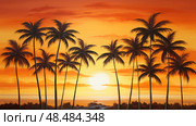 sunsilhouette palm tree home ai generated. Стоковое AI-изображение, AI-художник Vectorwin / Фотобанк Лори