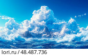 Ocean Cloudscape: Mountains emerge through a sea of blue, beneath giant white clouds, a serene and majestic vista. Стоковое AI-изображение, AI-художник Данила Большаков / Фотобанк Лори
