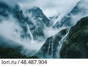 Misty milford sound waterfalls flowing down steep cliffs in fiordland national park. Стоковое AI-изображение, AI-художник Иван Рябоконь / Фотобанк Лори