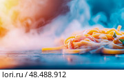 Culinary art: Noodles with Ham and Herb Steam against an Abstract Light Spectrum. Стоковое AI-изображение, AI-художник Данила Большаков / Фотобанк Лори