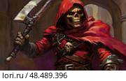 Grim Reaper in Crimson Robes: A Haunting Figure with a Scythe, Skull Adornments, and Glowing Red Eyes. Стоковое AI-изображение, AI-художник Данила Большаков / Фотобанк Лори