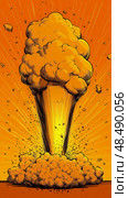 Apocalyptic Eruption: A Cataclysmic Blast with Fiery Debris, Explosive Force, and Destruction in Bold, Graphic Representation. Стоковое AI-изображение, AI-художник Данила Большаков / Фотобанк Лори