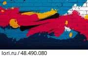 Expressionist Brick Canvas: Abstract wall painting with red, blue, yellow, black and white paint splashes, a textural celebration of color. Стоковое AI-изображение, AI-художник Данила Большаков / Фотобанк Лори