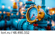 Pressure Gauge Detail - Industrial Metering and Measurement on a Complex Pipeline System, Monitoring Flow and Safety. Стоковое AI-изображение, AI-художник Данила Большаков / Фотобанк Лори