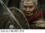 Elderly warrior woman holding sword and shield. Стоковое AI-изображение, AI-художник Иван Рябоконь / Фотобанк Лори