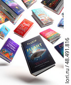 A book titled Fluct is shown in the air with other books. Стоковое AI-изображение, AI-художник Ярославский Максим / Фотобанк Лори