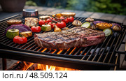 barbecue steak dinner table ai generated. Стоковое AI-изображение, AI-художник Vectorwin / Фотобанк Лори