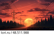 silhouettes powerlines road ai generated. Стоковое AI-изображение, AI-художник Vectorwin / Фотобанк Лори