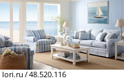 nautical blue living room ai generated. Стоковое AI-изображение, AI-художник Vectorwin / Фотобанк Лори