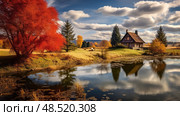 thatched beautiful autumn house ai generated. Стоковое AI-изображение, AI-художник Vectorwin / Фотобанк Лори
