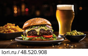 vegetarian cheeseburger and beer ai generated. Стоковое AI-изображение, AI-художник Vectorwin / Фотобанк Лори