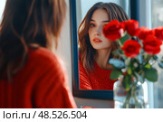 Девушка в ярком джемпере смотрится в зеркало. Стоковое AI-изображение, AI-художник Щеголева Ольга / Фотобанк Лори