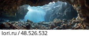 A large cave releasing a significant volume of water. The water cascades out, creating a dramatic scene. Стоковое AI-изображение, AI-художник Данила Большаков / Фотобанк Лори