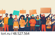 A multitude of individuals are raising placards and signs in a unified demonstration, expressing various messages and causes. Стоковое AI-изображение, AI-художник Данила Большаков / Фотобанк Лори