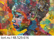 A mosaic of vibrant, fragmented pieces forms an abstract face against a textured backdrop. Стоковое AI-изображение, AI-художник Данила Большаков / Фотобанк Лори