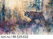 Watercolor painting depicting a lynx in full stride amidst a dense forest setting. Стоковое AI-изображение, AI-художник Данила Большаков / Фотобанк Лори