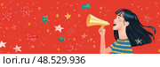 A woman stands holding a megaphone against red backdrop of stars in the night sky, ready to amplify her voice. Стоковое AI-изображение, AI-художник Данила Большаков / Фотобанк Лори