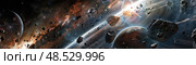 A vast asteroid belt encircles a planet, with several meteors piercing the space dust and debris. Стоковое AI-изображение, AI-художник Данила Большаков / Фотобанк Лори