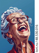 An older woman depicted in a painting, joyfully laughing. Her face is animated and expressive, capturing a moment of genuine happiness. Стоковое AI-изображение, AI-художник Данила Большаков / Фотобанк Лори