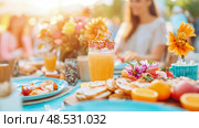Summer Brunch Gathering: Refreshments and Treats on a Bright Sunny Day. Стоковое AI-изображение, AI-художник Данила Большаков / Фотобанк Лори