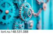 Teal Clockwork: Intricate Gearing System with Vintage Hues, Suitable for Steampunk Theme, Print Material. Стоковое AI-изображение, AI-художник Данила Большаков / Фотобанк Лори
