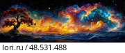 Epic Celestial Seascape: A Tree's Journey Through Starry Tides, Under a Lunar Glow. Стоковое AI-изображение, AI-художник Данила Большаков / Фотобанк Лори
