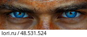 Intense Gaze: Captivating Blue Eyes with Raw Skin, A close exploration of human emotion and inner strength through vivid ocular hues. Стоковое AI-изображение, AI-художник Данила Большаков / Фотобанк Лори