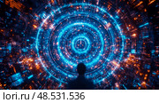 Futuristic tech portal. Silhouette contemplates digital transformation interface design for landing page, background or presentation. Стоковое AI-изображение, AI-художник Данила Большаков / Фотобанк Лори