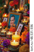 A vibrant close-up of a traditional Mexican altar decorated with marigold flowers, candles, and photos of loved ones. Cinco de Mayo. Independence Day, The Day of the Dead. Fiesta and festival. Стоковое AI-видео, аниматор Sergey Grishin / Фотобанк Лори