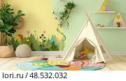 Childs playroom with a teepee tent set up in a cozy corner, surrounded by small potted plants. Стоковое AI-изображение, AI-художник Данила Большаков / Фотобанк Лори