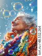 An older woman is standing outdoors blowing bubbles into the air, creating a playful and lighthearted moment. Стоковое AI-изображение, AI-художник Данила Большаков / Фотобанк Лори