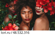 A group of women standing next to each other, looking towards the camera in a unified pose. Стоковое AI-изображение, AI-художник Данила Большаков / Фотобанк Лори