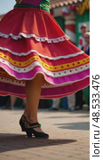 A close-up of a dancer's feet in traditional Mexican huaraches, mid-step during a folkloric dance performance. The vibrant skirt waving on air. Стоковое AI-видео, аниматор Sergey Grishin / Фотобанк Лори
