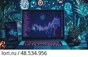A cybernetic workplace with glowing charts and code on laptops/tablets displays digital stock analysis and financial data amidst plants, symbolizing tech-driven growth. Стоковое AI-видео, аниматор Данила Большаков / Фотобанк Лори
