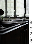 Clean wine glasses and decanter are on the table of a special wine cabinet, stylish table setting, ice, light from window, decoder and degasser. Стоковое фото, фотограф Vladimir Drozdin / Фотобанк Лори