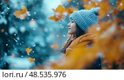 Autumn Serenity: a young woman embraces the snowfall among the golden foliage, lost in tranquil contemplation. Стоковое AI-изображение, AI-художник Данила Большаков / Фотобанк Лори