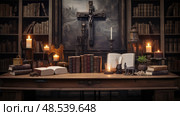 weathered bible on desk ai generated. Стоковое AI-изображение, AI-художник Vectorwin / Фотобанк Лори