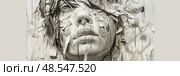An artistically altered portrait showing a womans face with a striking fragmented effect, giving the impression of motion or disintegration. Стоковое AI-изображение, AI-художник Данила Большаков / Фотобанк Лори