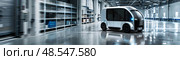 Small white car is driving through a warehouse space, maneuvering between shelves and crates. Vehicle appears to be navigating carefully through industrial setting. Стоковое AI-изображение, AI-художник Данила Большаков / Фотобанк Лори