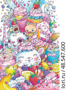 An illustration showcasing various food items and beverages in a group setting, ranging from fruits and vegetables to snacks and refreshments. Стоковое AI-изображение, AI-художник Данила Большаков / Фотобанк Лори