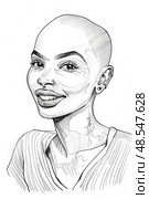 A detailed drawing of charming woman with a shaved head, depicting her strong features and unique style. Стоковое AI-изображение, AI-художник Данила Большаков / Фотобанк Лори